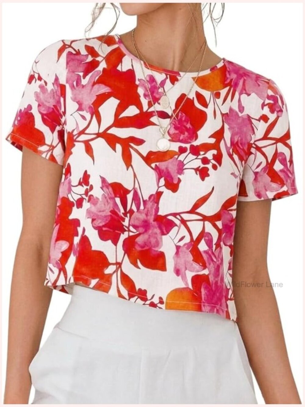 Crewneck Short Sleeve Crop Linen Blouse Beach Top